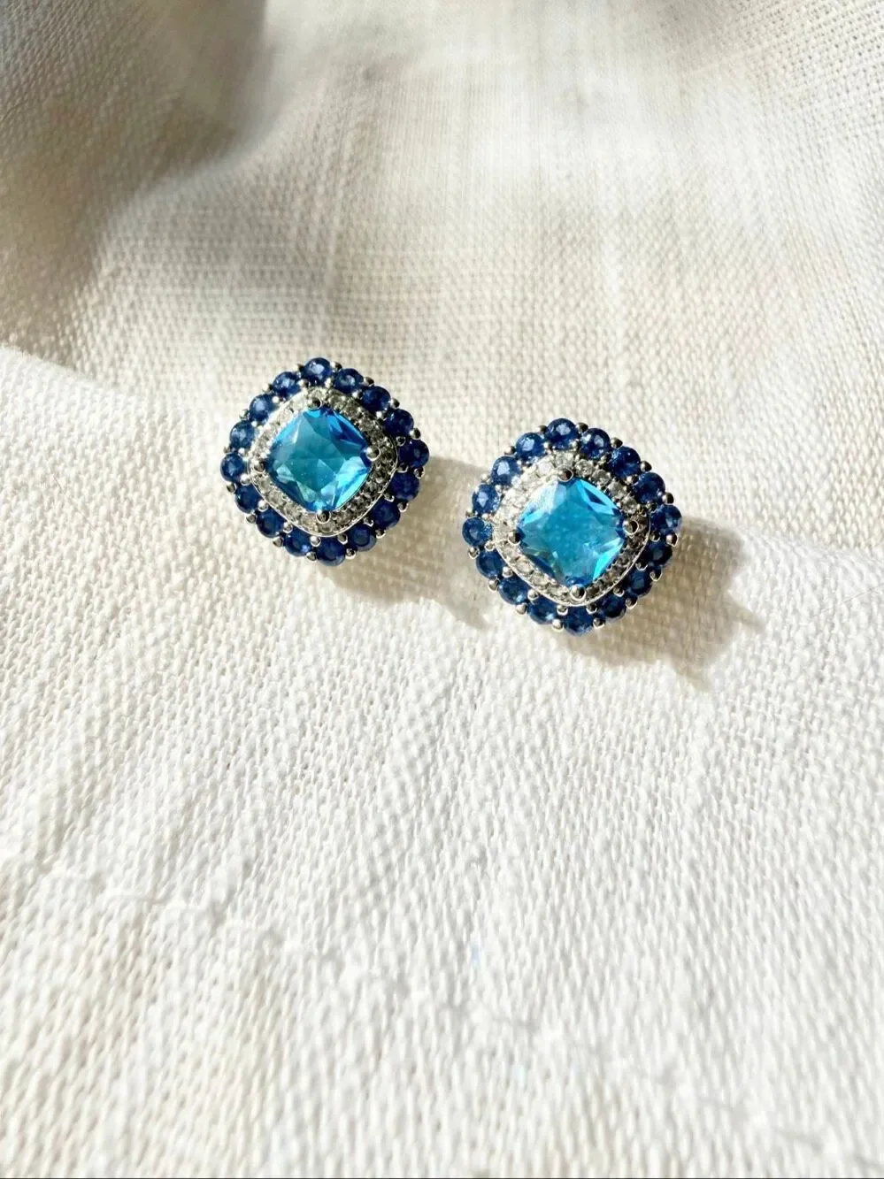 Sapphire Blue Cubic Zirconia Cushion Halo Stud Earrings Silver Tone